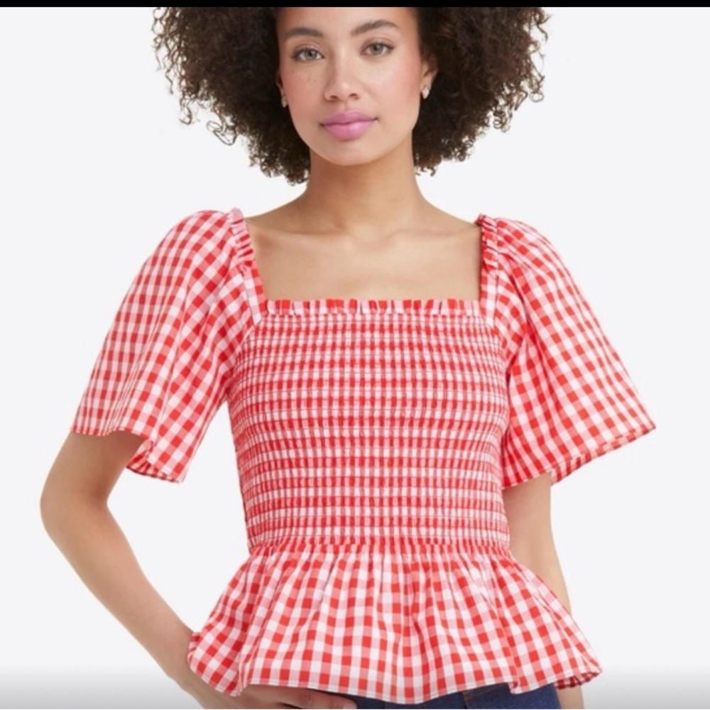 Draper James Deana Smocked Top Large red gingham 100% cotton blouse